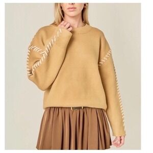 English Factory Whip Contrast Stitch Sweater Camel‎ Relaxed Fit Long Sleeve Sz S